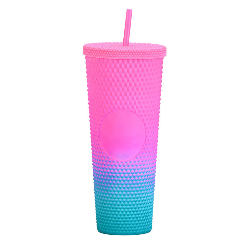 Wholesale Double-layer Plastic 710ml Durian Prick Hand Luminous Color Changing Rainbow Gradient Straw Cup