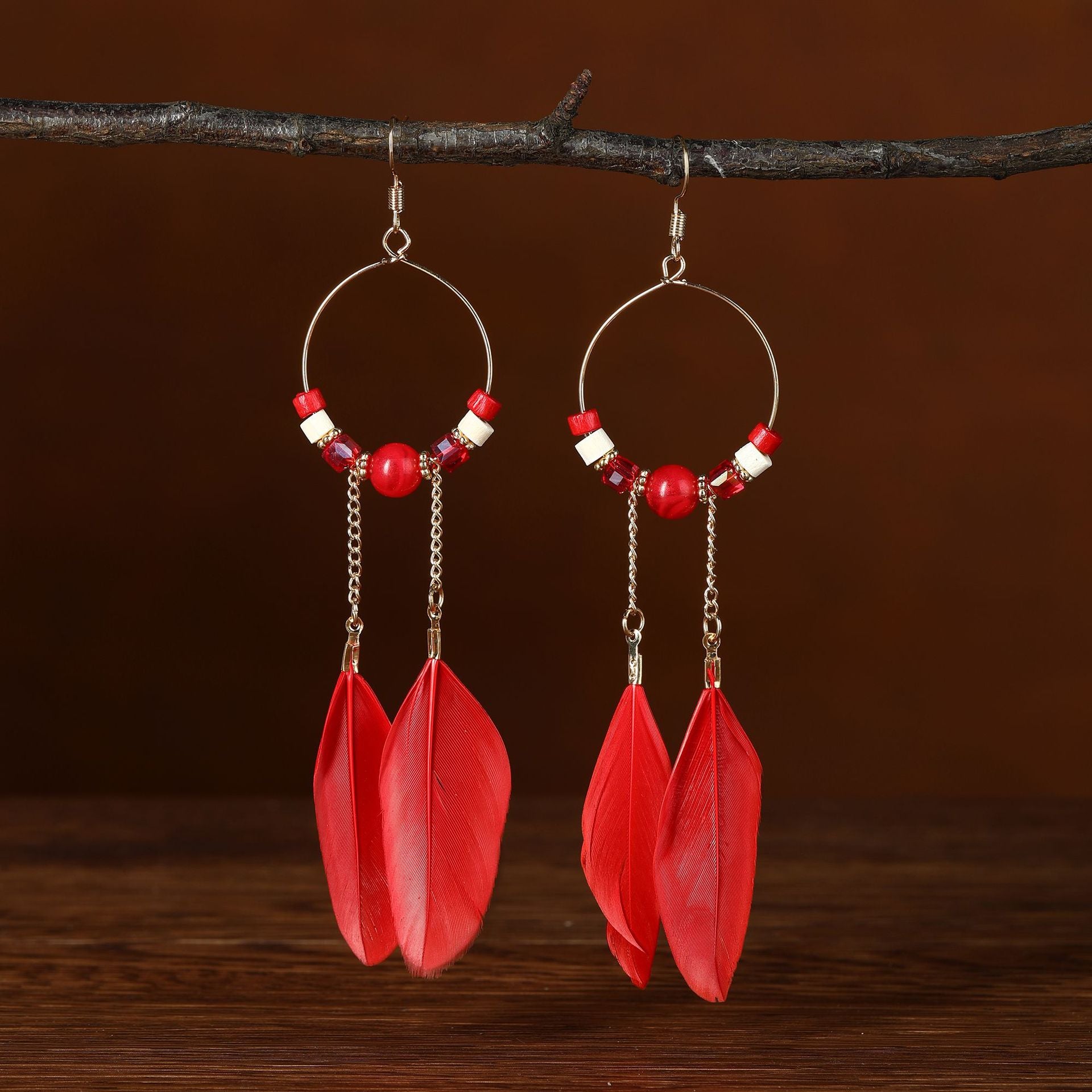 Wholesale Ethnic retro long multi-color holiday feather beaded circle earrings