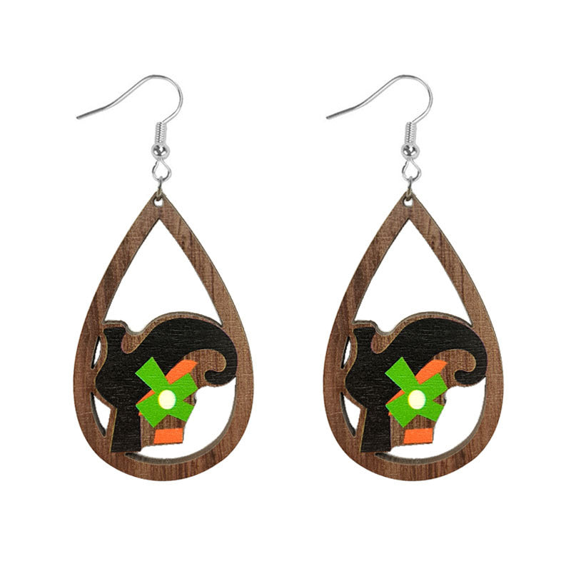 Esqueleto al por mayor Halloween Pumpkin bruja negro Cat de araña Drop de agua aretes huecos de madera