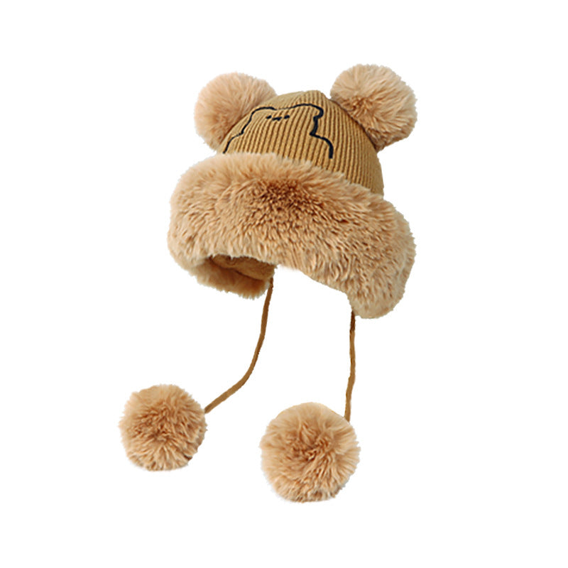 Wholesale 2023 Winter New Knitted Plus Velvet Embroidery Bear Fur Ball Acrylic Thermal Hat