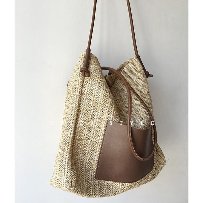 Wholesale Woven Basket Contrast Straw Shoulder Bag