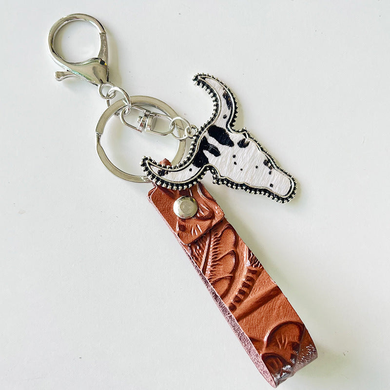 Wholesale Western style genuine leather keychain vintage brown pendant