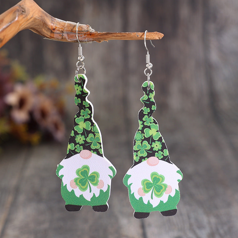 Wholesale St. Patrick's Day gnome clover leather earrings