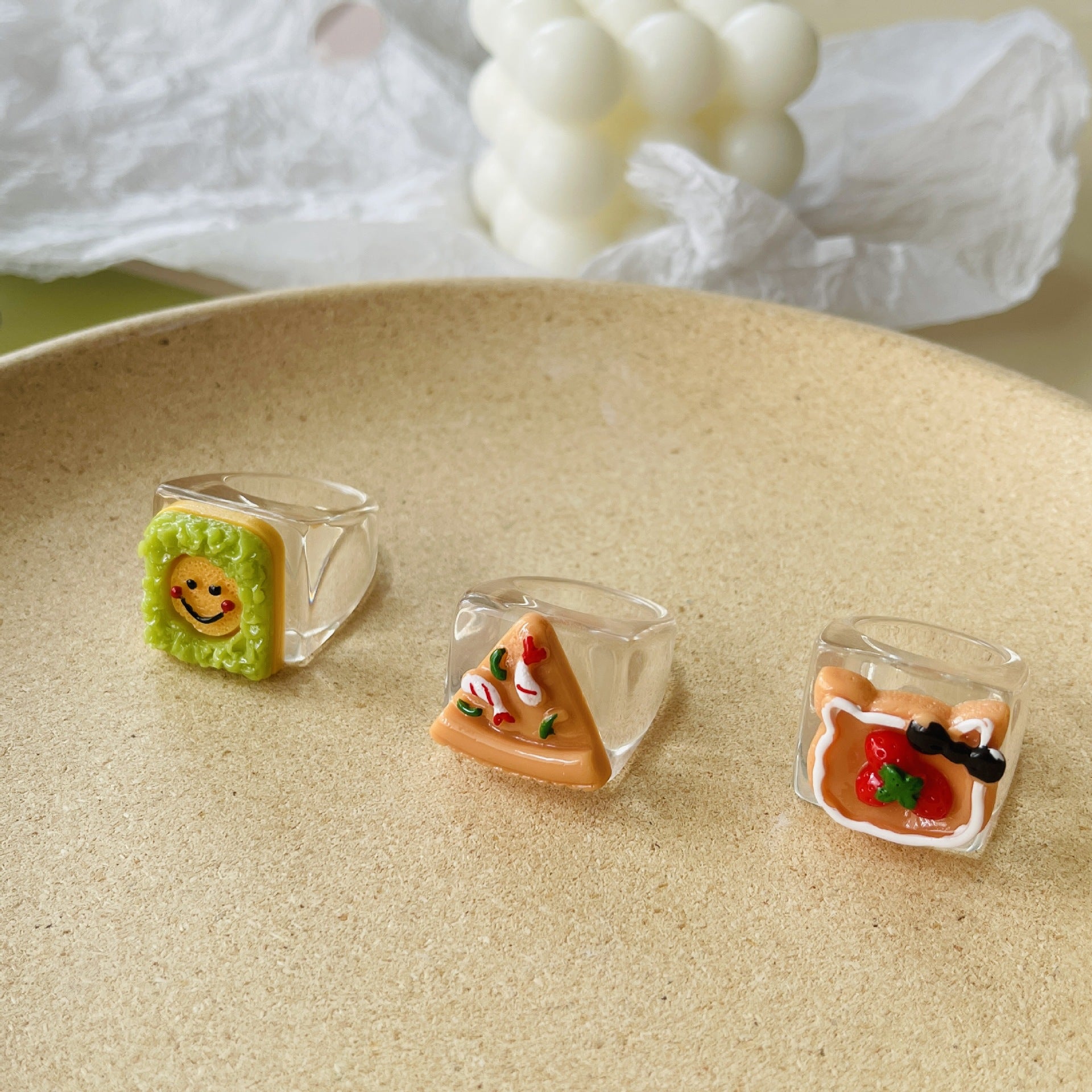 Wholesale Japanese fun food cute croissant pizza toast grape tart resin ring