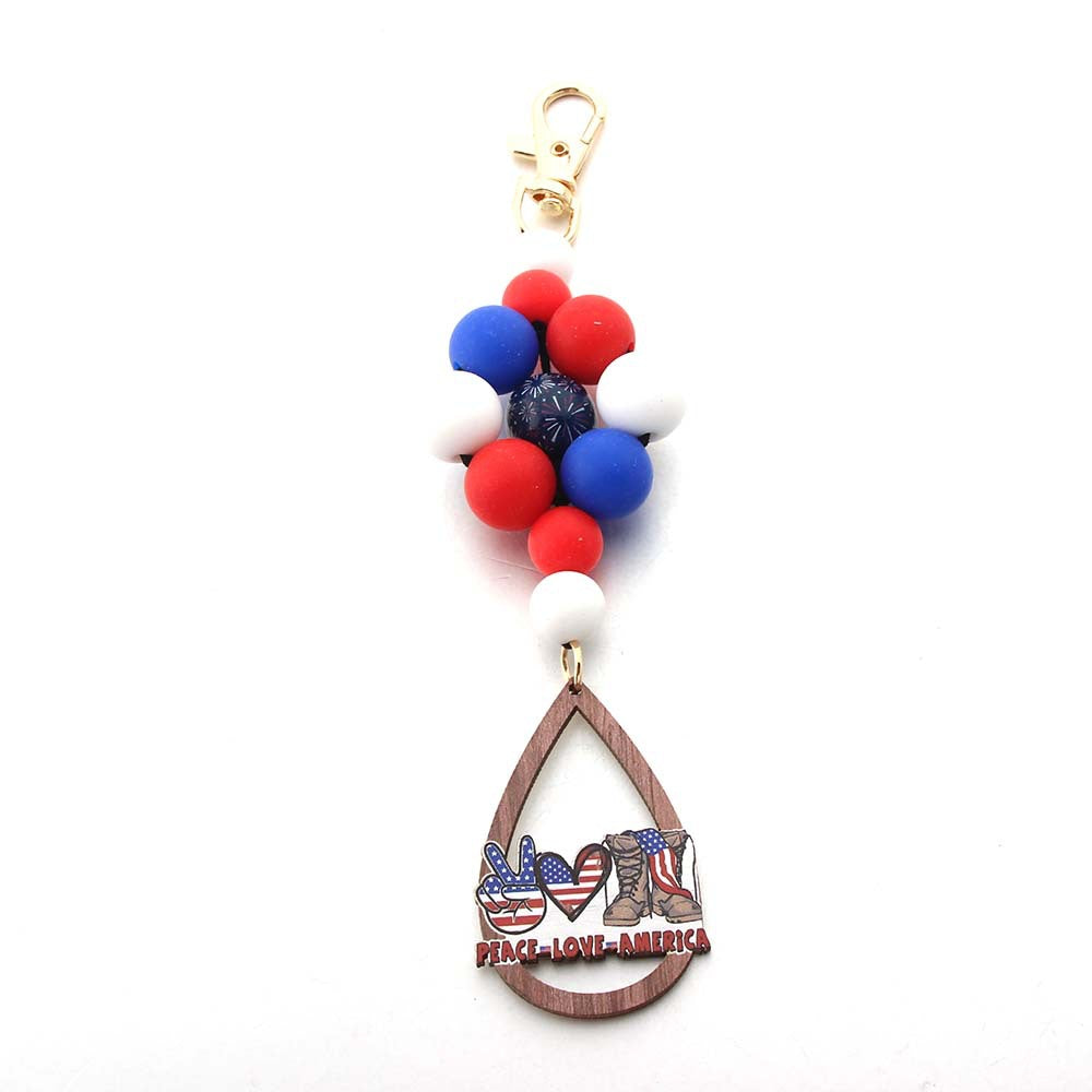 Wholesale American Independence Day Leather PU Wooden Sign Silicone Beaded Keychain