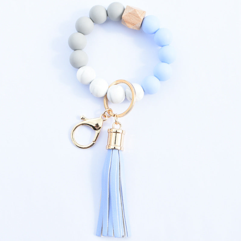 Wholesale Food Grade Silicone Beads Leather Tassel Wood Beads Bracelet Keychain