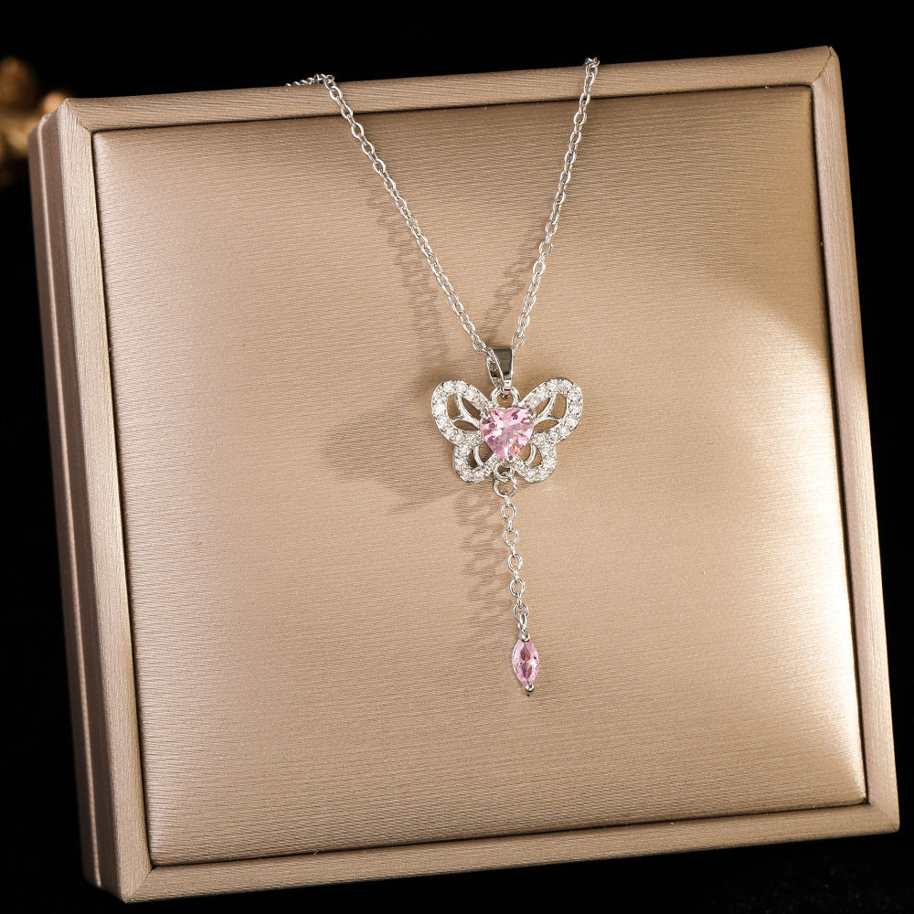 Wholesale Silver titanium steel necklace with powder zirconium inlay
