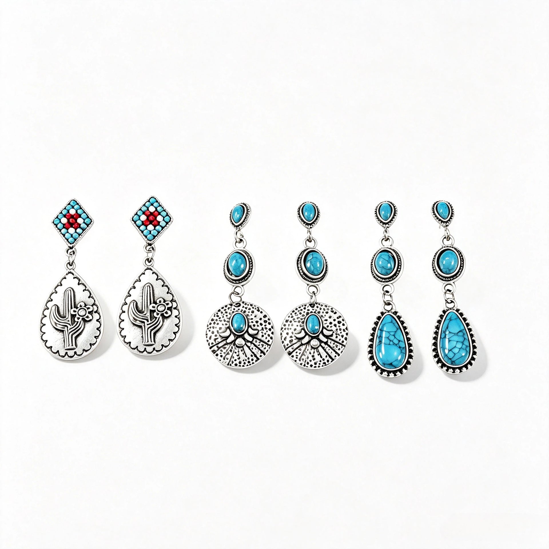 Wholesale Retro Turquoise Cactus Drop Earrings For Women Ethnic Style Distressed Alloy Earrings Party Fashion Jewelry Accessory Gift