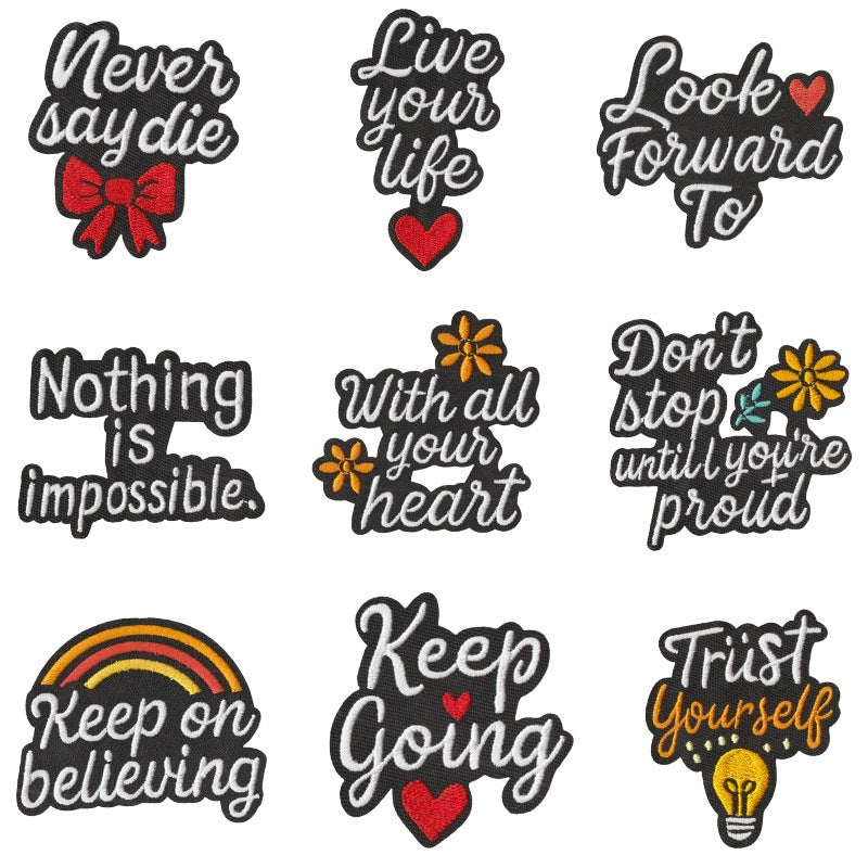 Wholesale Set Of 9 Cartoon English Phrase Embroidered Iron On Patches For Clothing Bags Black White DIY Decorative Accent