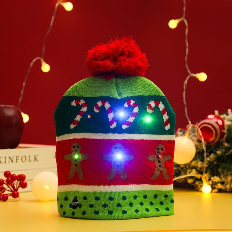 Wholesale Christmas decoration supplies cuffed ball knitted hat LED light  luminous hat adult children hat