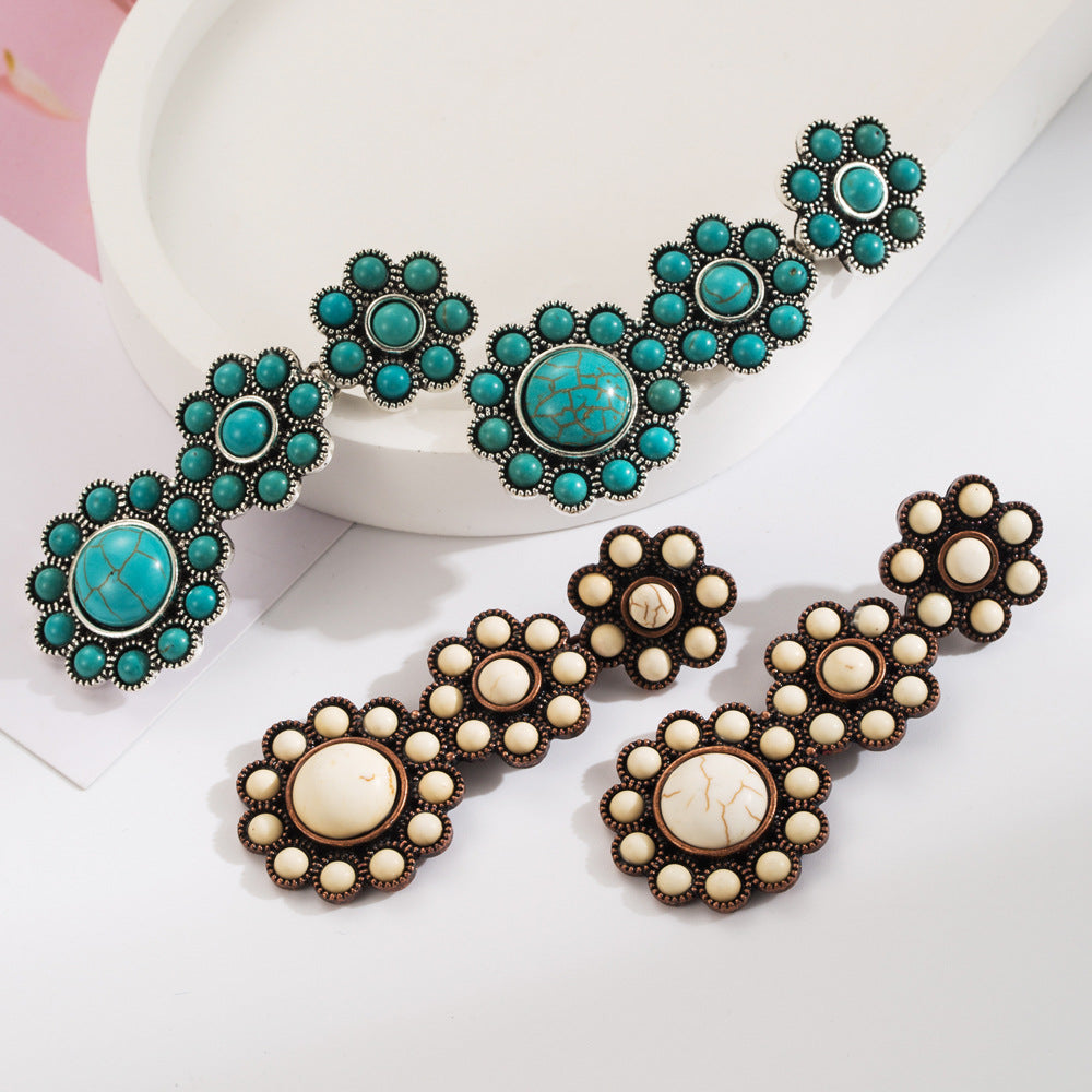 Wholesale Exaggerated turquoise retro geometric multi-layer long earrings