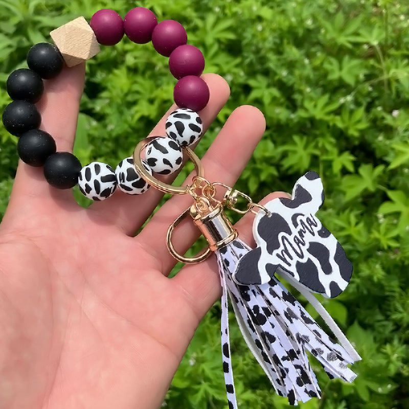 Wholesale Western Style Leopard Print Silicone Bead Bracelet Keychain