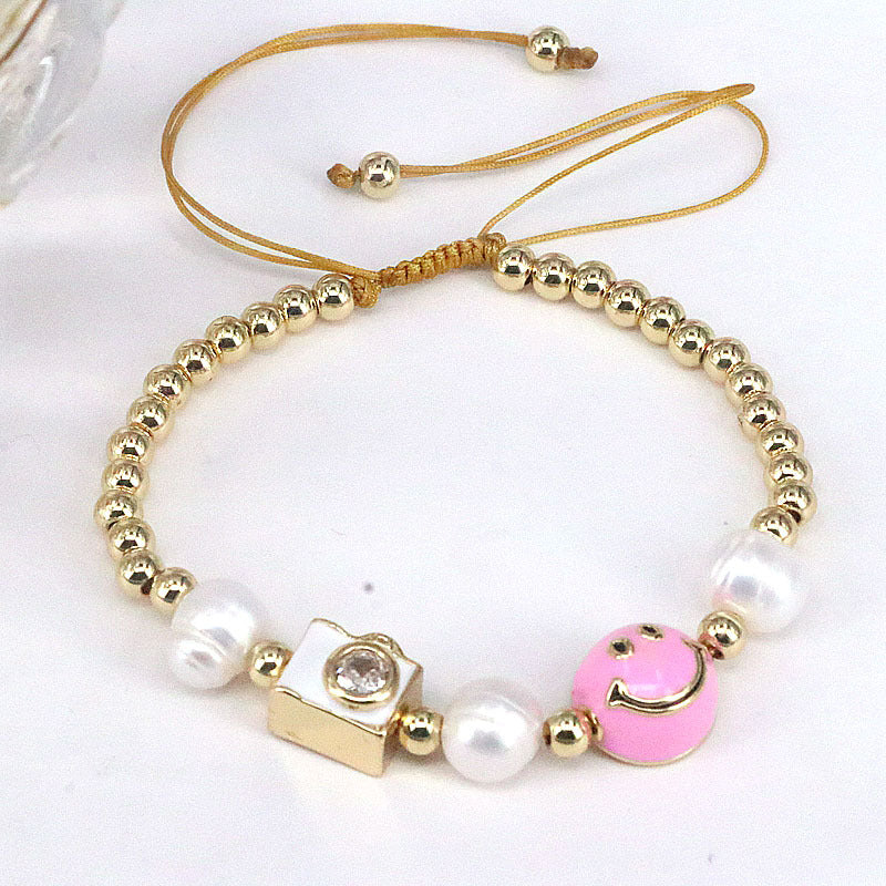 Wholesale Colorful Drops Oil Smile Zircon Freshwater Pearl Round Bead Braided Copper Bracelet