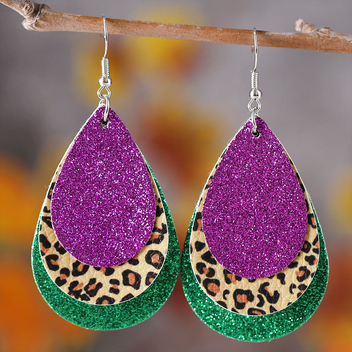 Wholesale new carnival green yellow purple sequins glitter 3 layer PU leather pendant earrings fashion carnival earrings