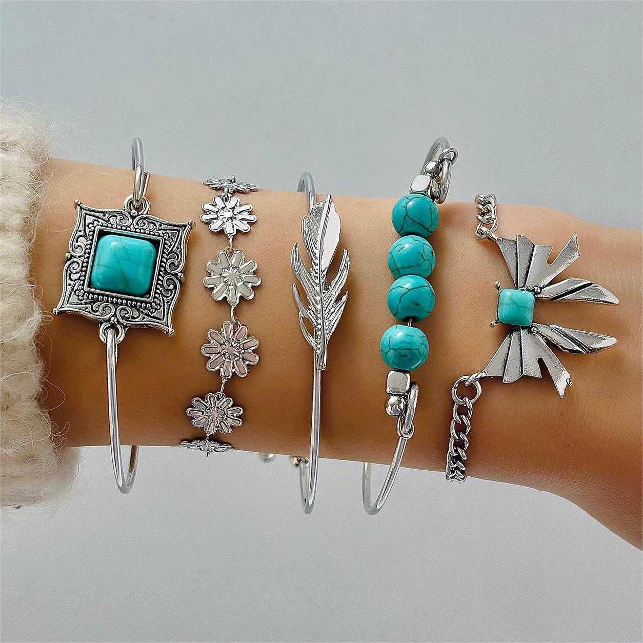 Wholesale Bohemian Set Turquoise Leaf Bracelet Ethnic Bow Flower Turquoise Bracelet suit