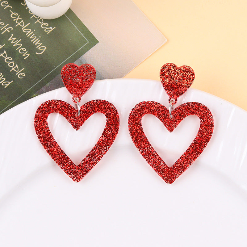 Wholesale Valentine' s Day Sparkling Pink Hollow Heart Acrylic Earrings