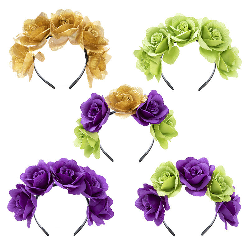 Wholesale Carnival artificial fabric rose purple green big flower headband