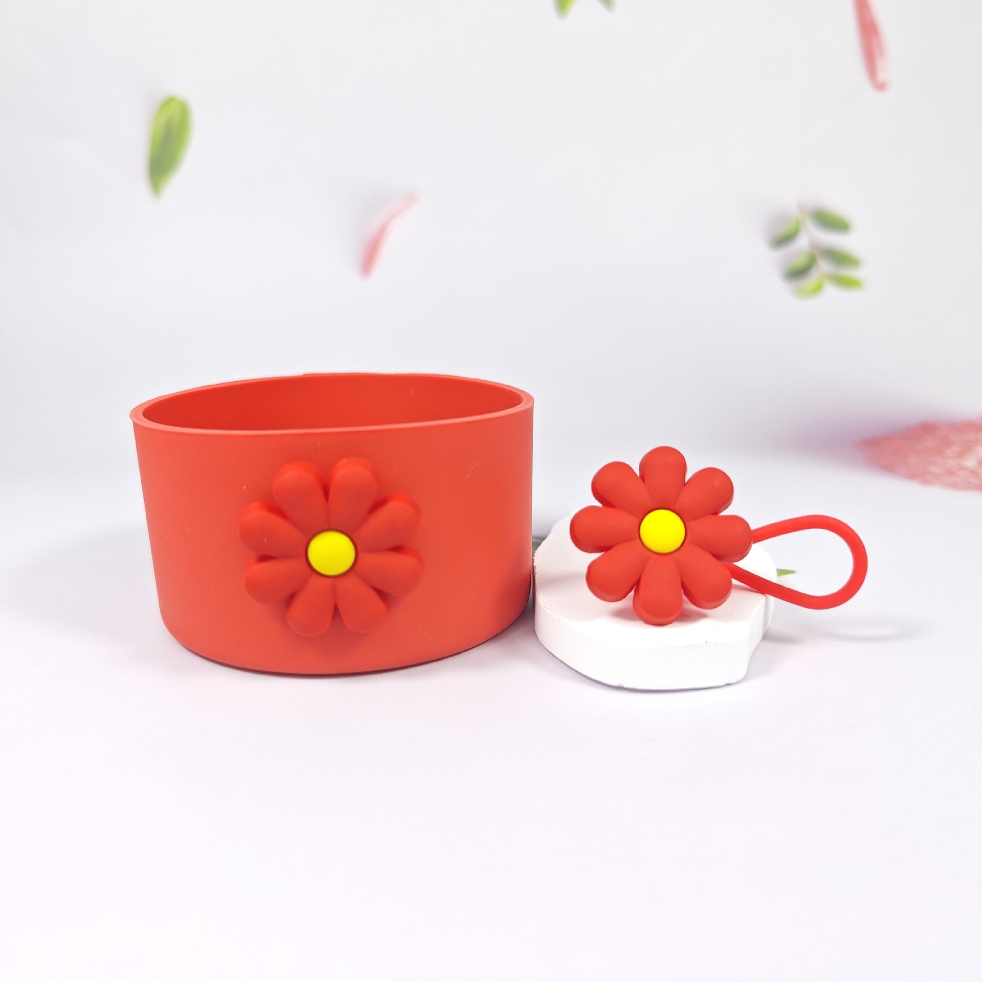 Wholesale Selling silicone insulated cup sleeves flower-decorated cup holders straw caps