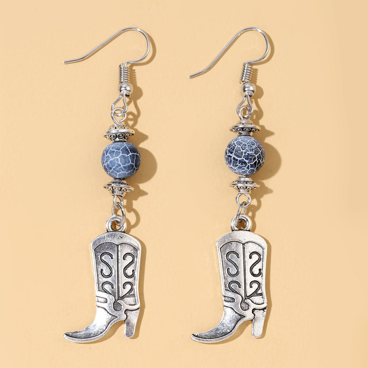 Wholesale Silver Alloy Western Boot Earrings Retro Cracked Round Bead Drop Earrings Fashion Jewelry Accessory For Women Resale
