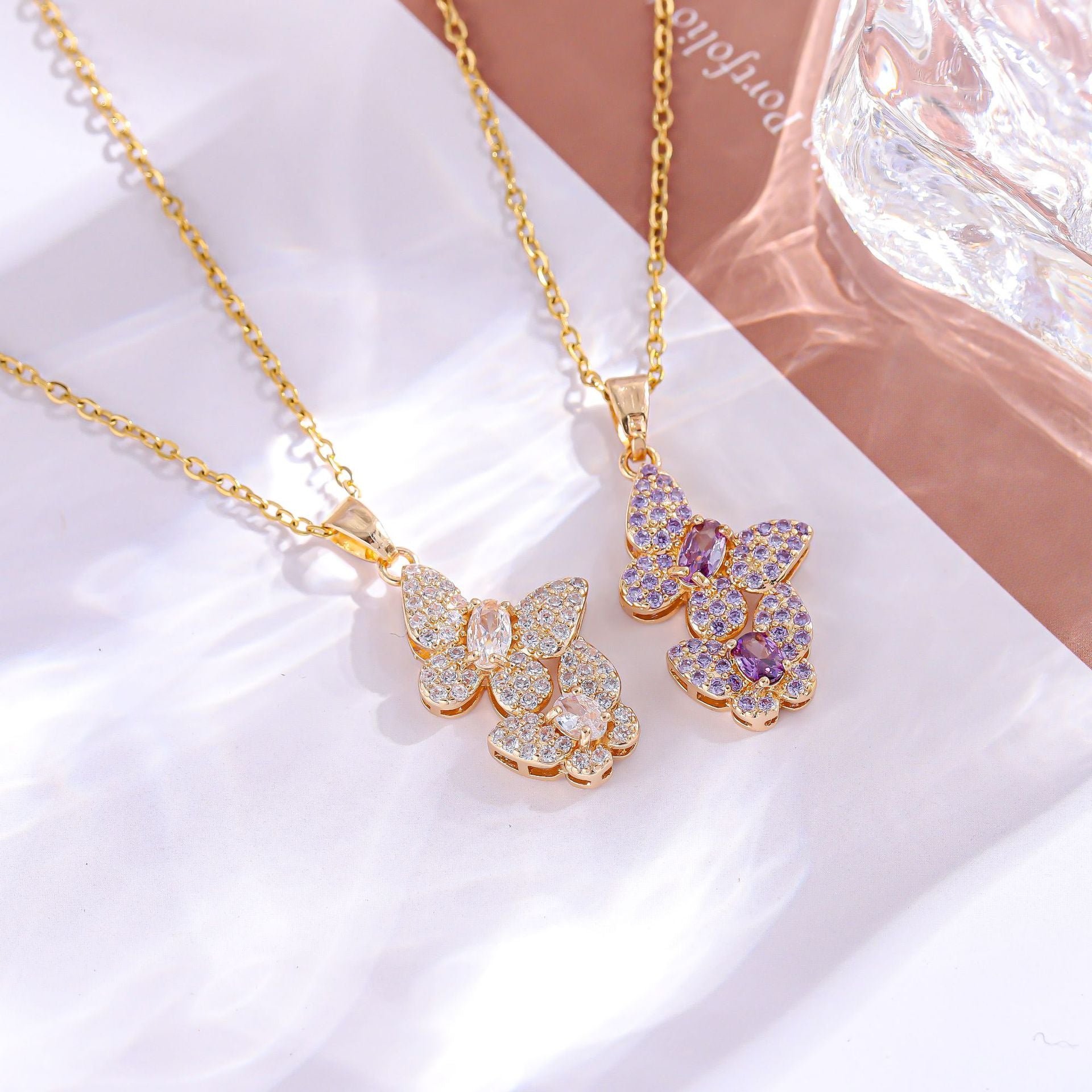 Wholesale fashion jewelry pendant colorful full diamond double butterfly necklace