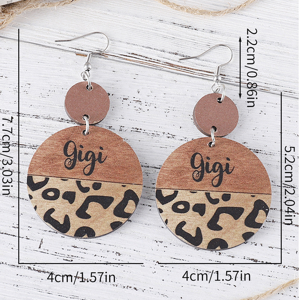 Wholesale Mother' s Day Leopard GIGI MAMA Pendant Wooden Double-sided Earrings