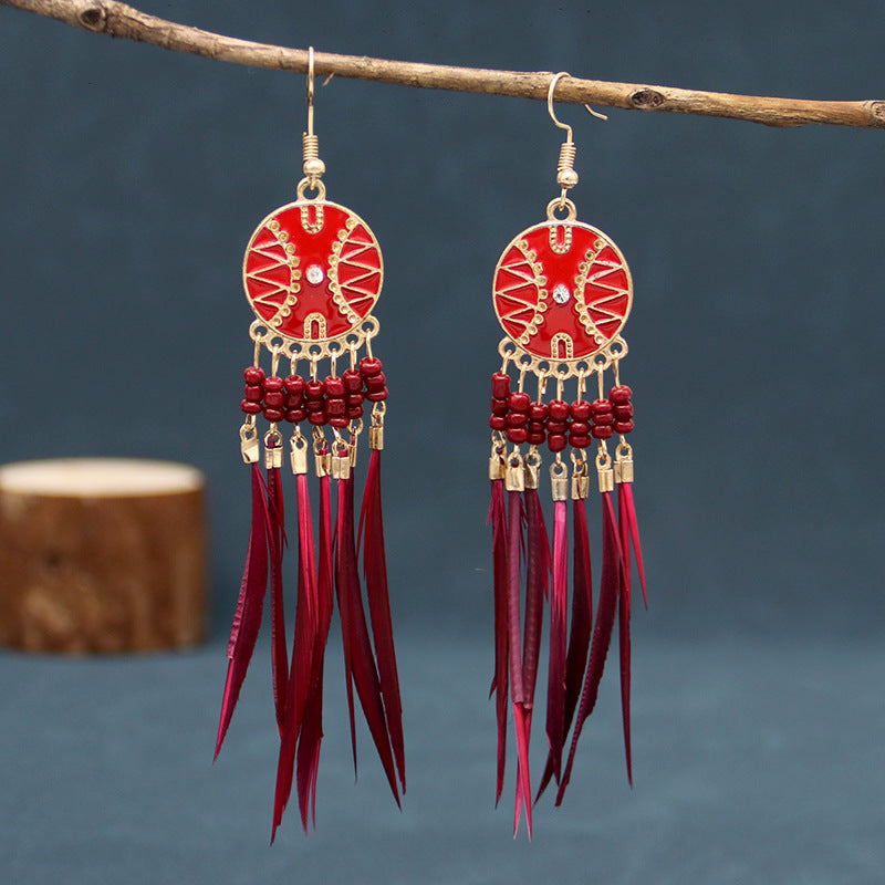 Wholesale Tassel Thin Feather Long Ethnic Style Earrings