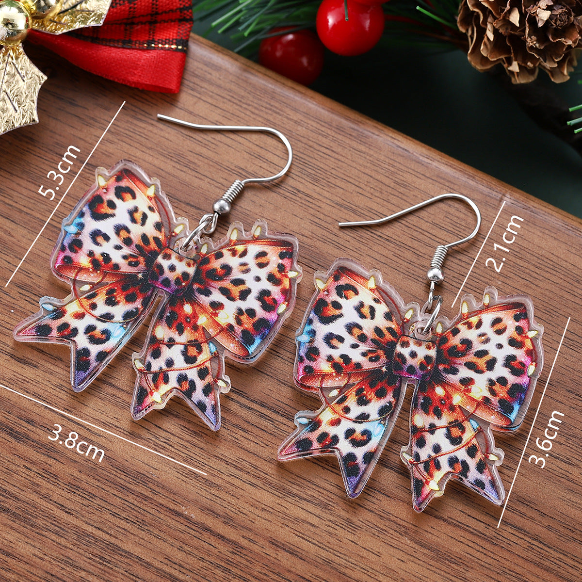 Wholesale Christmas Lights Leopard Print Bowknot Acrylic Earrings