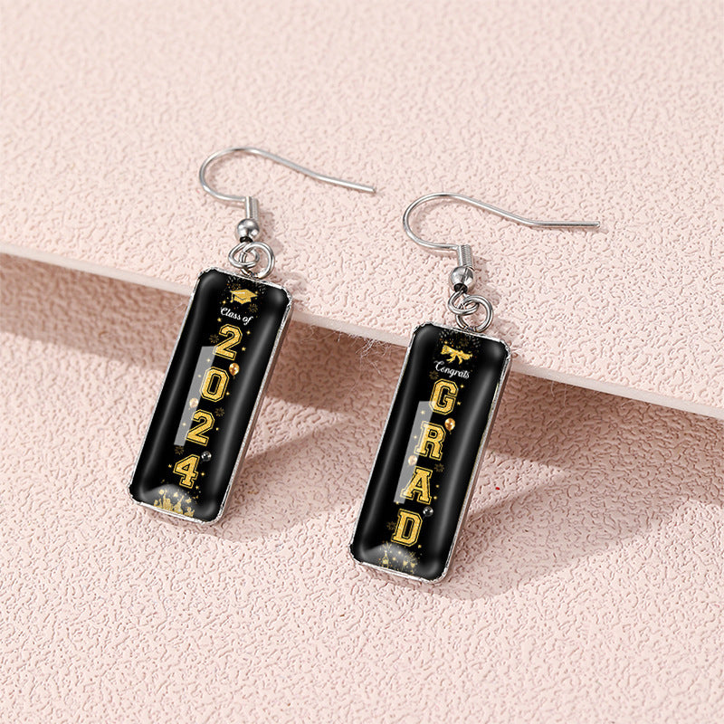 Wholesale graduation season letters school Carnival rectangular pendant glass earrings