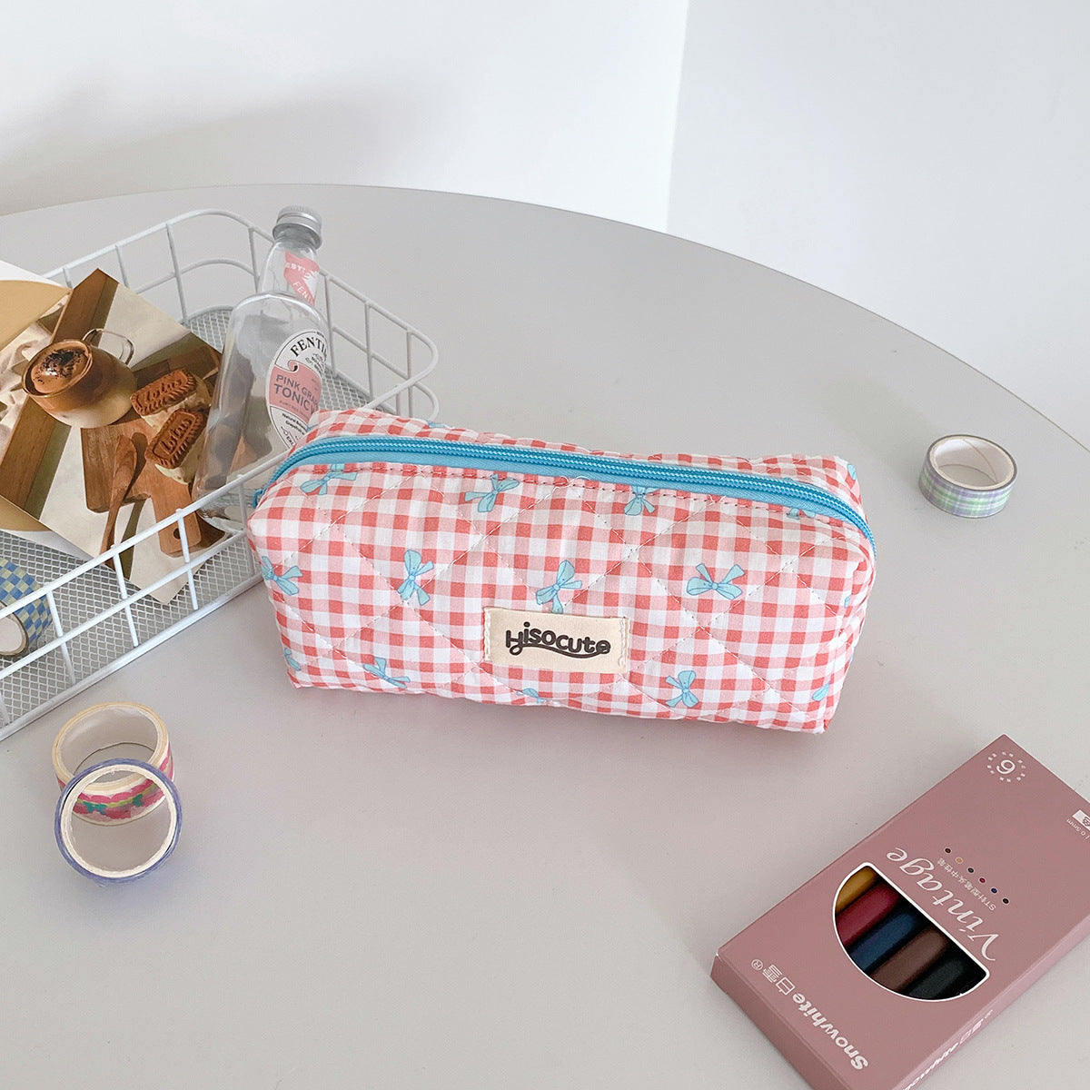Wholesale  Cream Color Plaid Bow Polyester Pencil Case