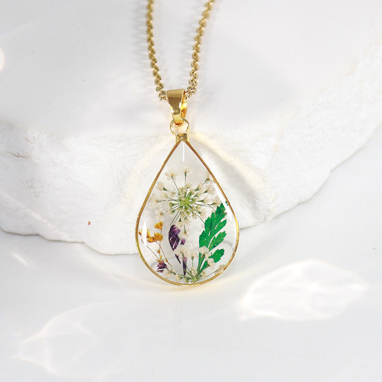 Wholesale 6pcs Golden Water Drop Month Flower Series Plant Specimen Necklace