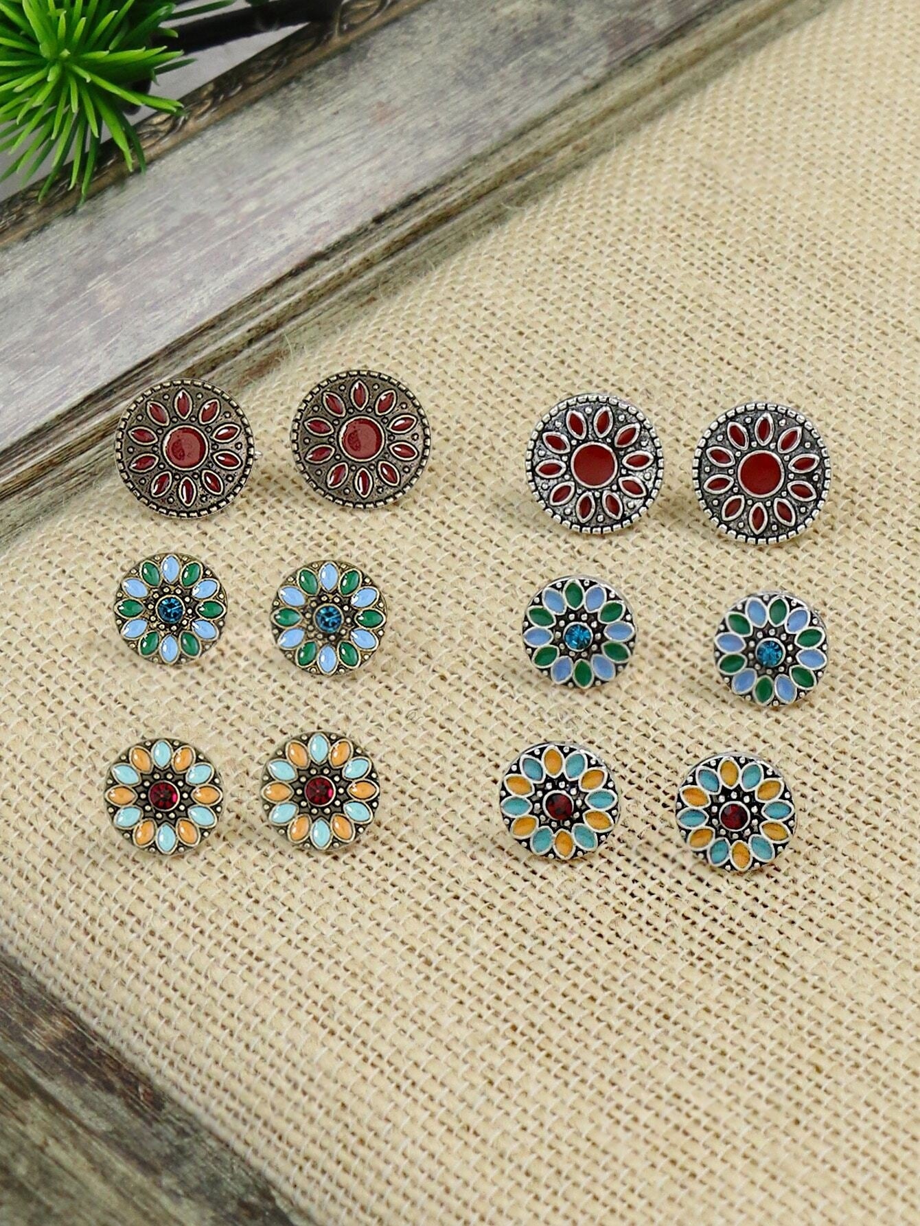 Wholesale Retro Bohemian Colorful Enamel Stud Earrings Ethnic Style Jewelry Accessory Zinc Alloy 6 Pairs Gift Resale