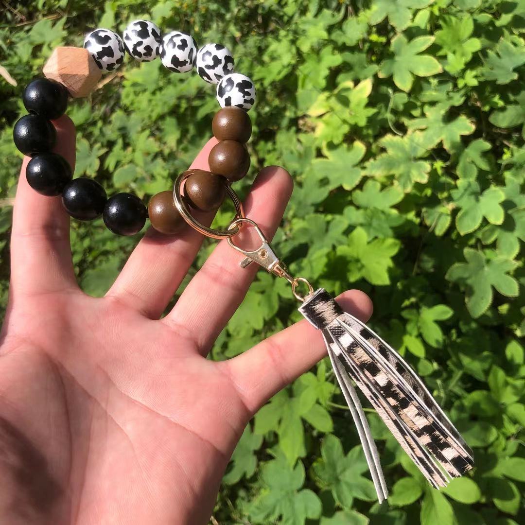 Wholesale Christmas Wooden Beads Plaid Leopard Print PU Tassel Bracelet Keychain