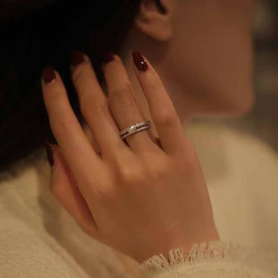 Wholesale Double-layer Diamond Studded Pearl Copper Rings