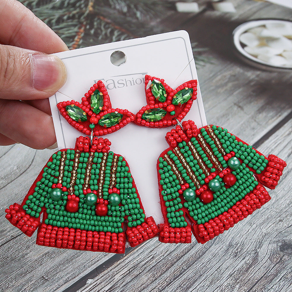Wholesale Christmas Tree Style Exaggerated Pure Handmade Beaded Rice Bead Earrings