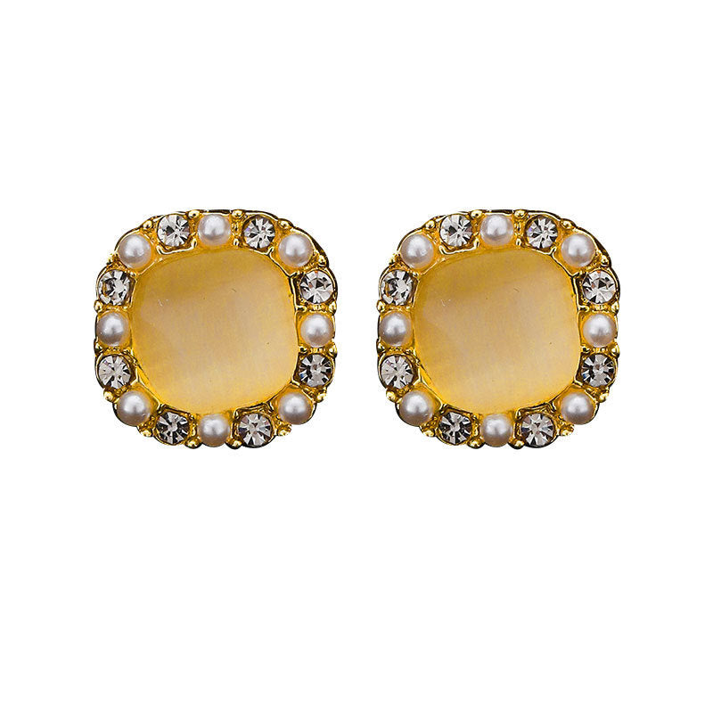 Wholesale Square Candy Cat Eye Stone with Diamond and Pearl Earrings