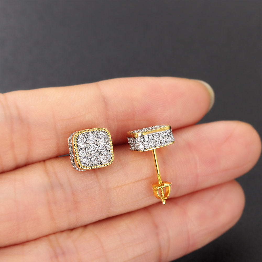 Wholesale Square Hip Hop Full Diamond Zircon Thread Earrings Stud Earrings