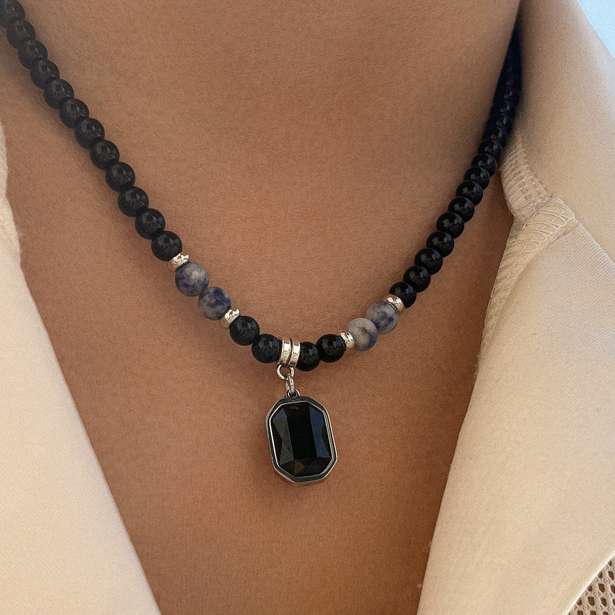 Wholesale Men's Stainless Steel Tiger Stone Round Bead Necklace