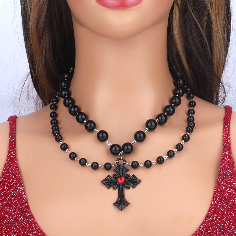 Wholesale Halloween Dark Fashion Cross Imitation Pearl Necklace