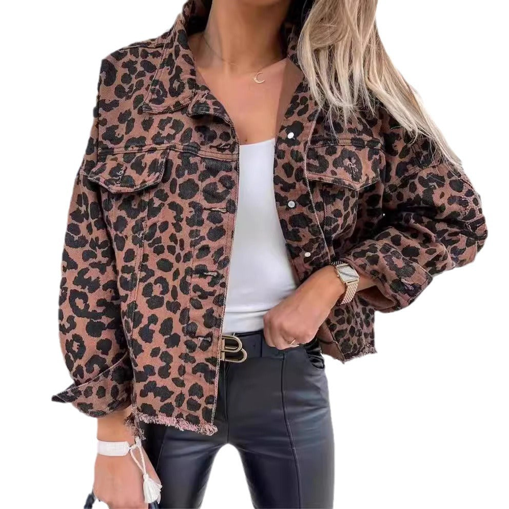 Wholesale Leopard Print Long Sleeve Short Loose Casual Denim Jacket