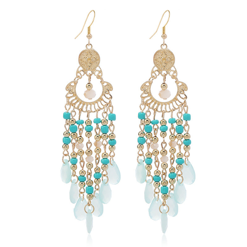 Wholesale Chinese Style Multi-layered Water Drop Rice Beads Tassel Female Creative Retro  Acrylic Earrings