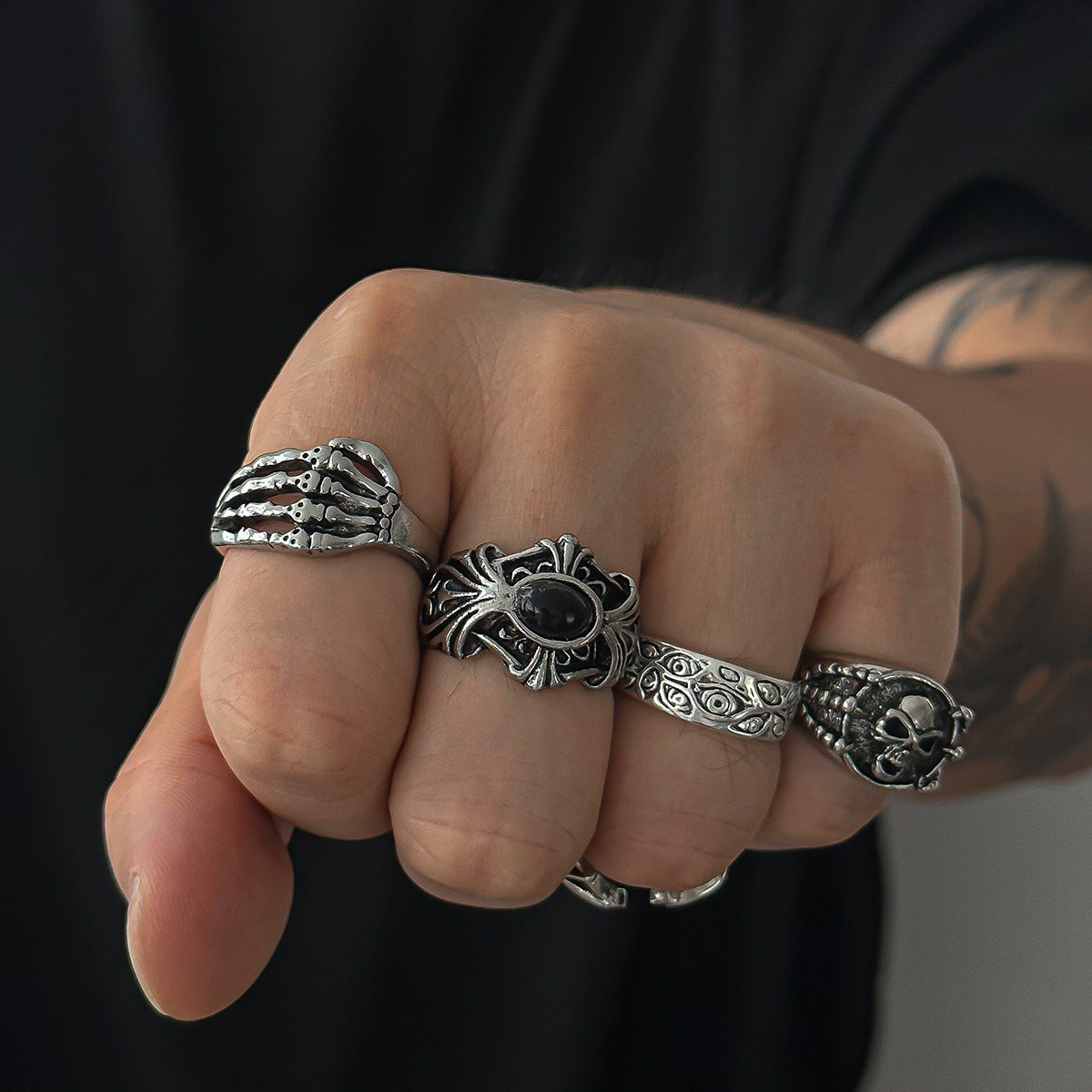 Wholesale  men's Gothic skull gemstone ring hip-hop style