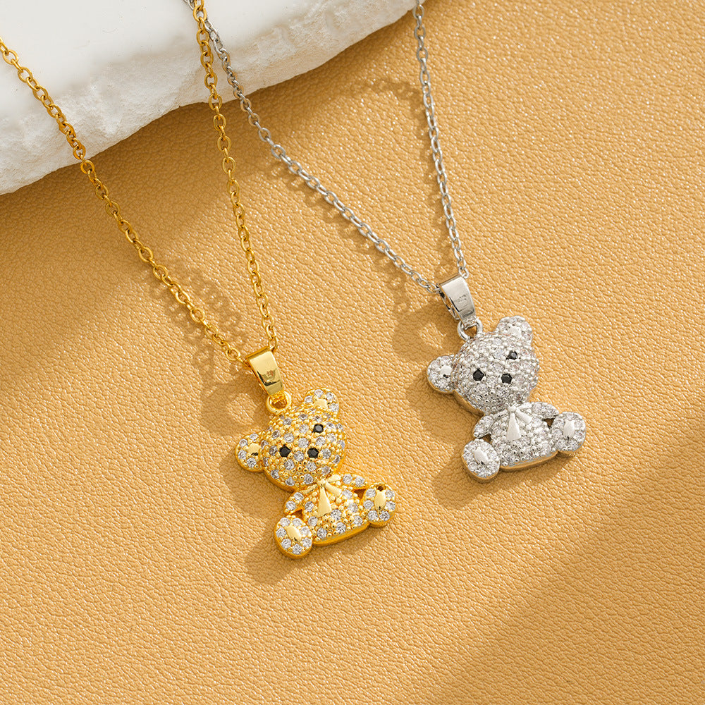 Wholesale Personalized three-dimensional bear titanium steel full diamond necklace
