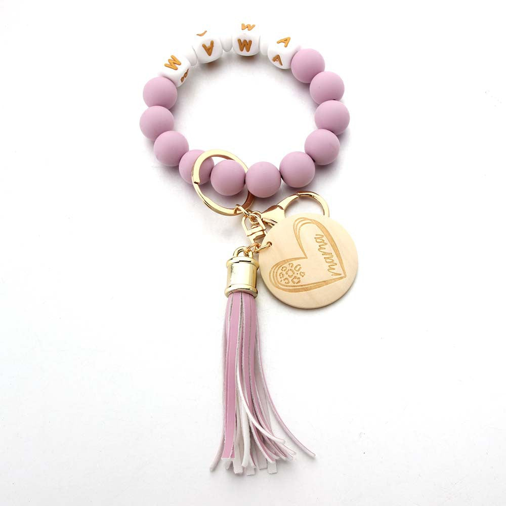 Wholesale Cartoon Love Wooden Sign Creative MAMA Letter Silicone Bead Wrist Keychain