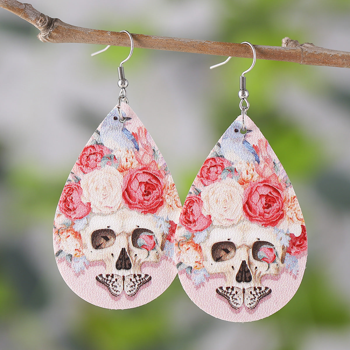 Wholesale Pink Rose Flower Butterfly Skull Earrings Double Sided PU Leather Water Drop Earrings