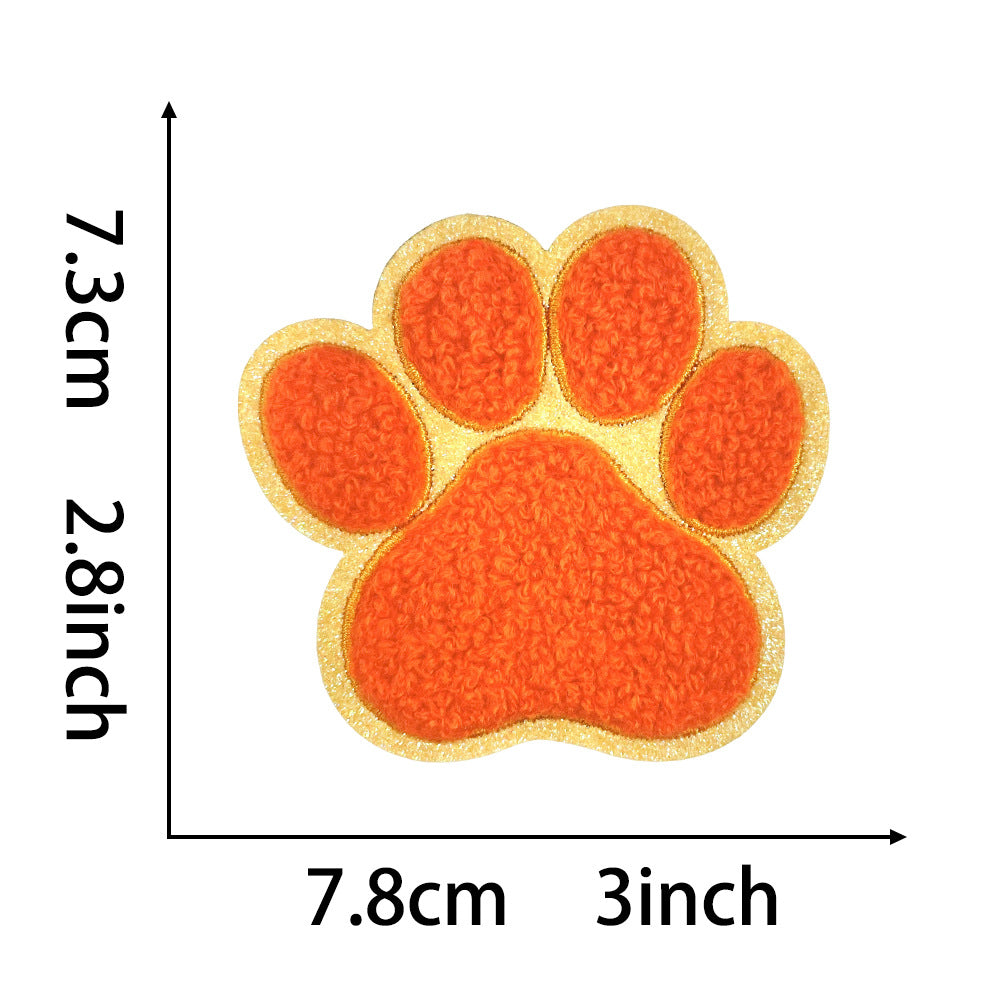 Wholesale Dog Paw Glitter Chenille Embroidered Patch Heat Activated DIY Applique For Shoes Hats And Pet Decor