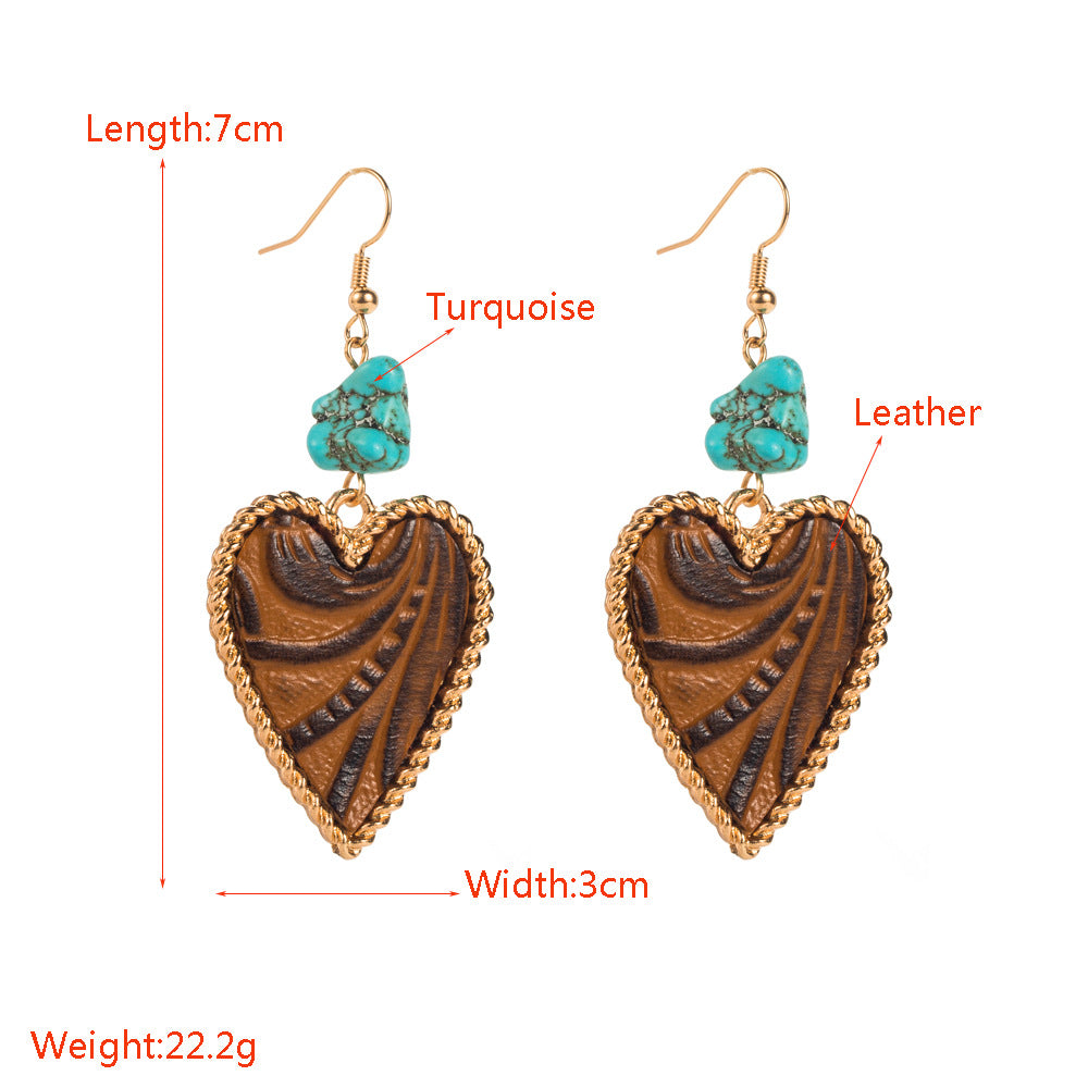 Wholesale Leather print and turquoise heart earrings