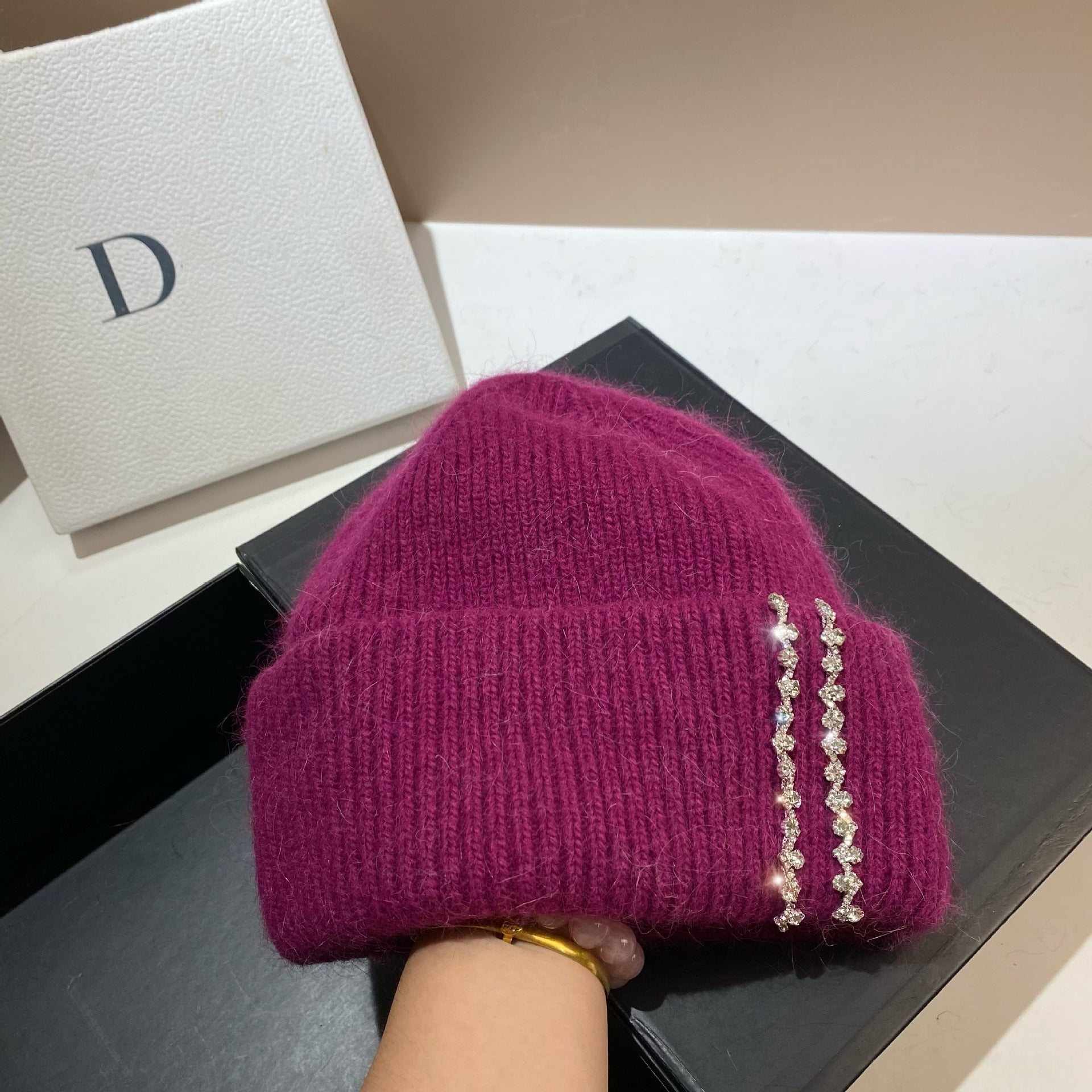 Wholesale Long Rabbit Fur Bi-fold Knitted Rhinestone Beanie