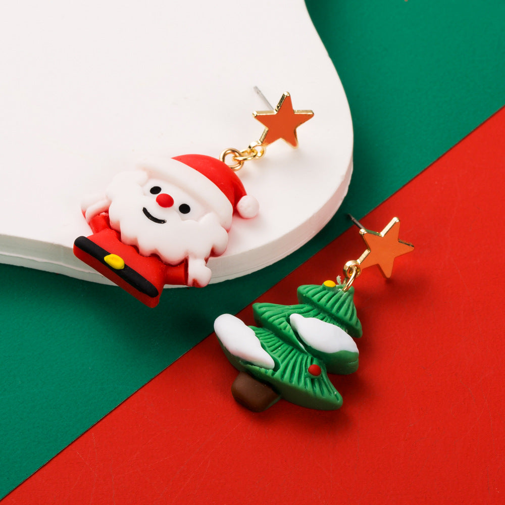 Wholesale Christmas S925 Silver Needle Earrings Asymmetric Elk Christmas Tree Elderly Snowflake Alloy Earrings