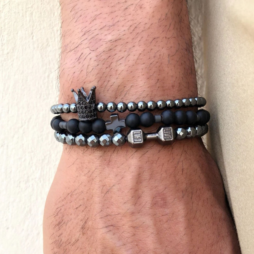 Wholesale vintage black frosted bracelet zircon crown diamond ball dice lion head beads bracelet suit