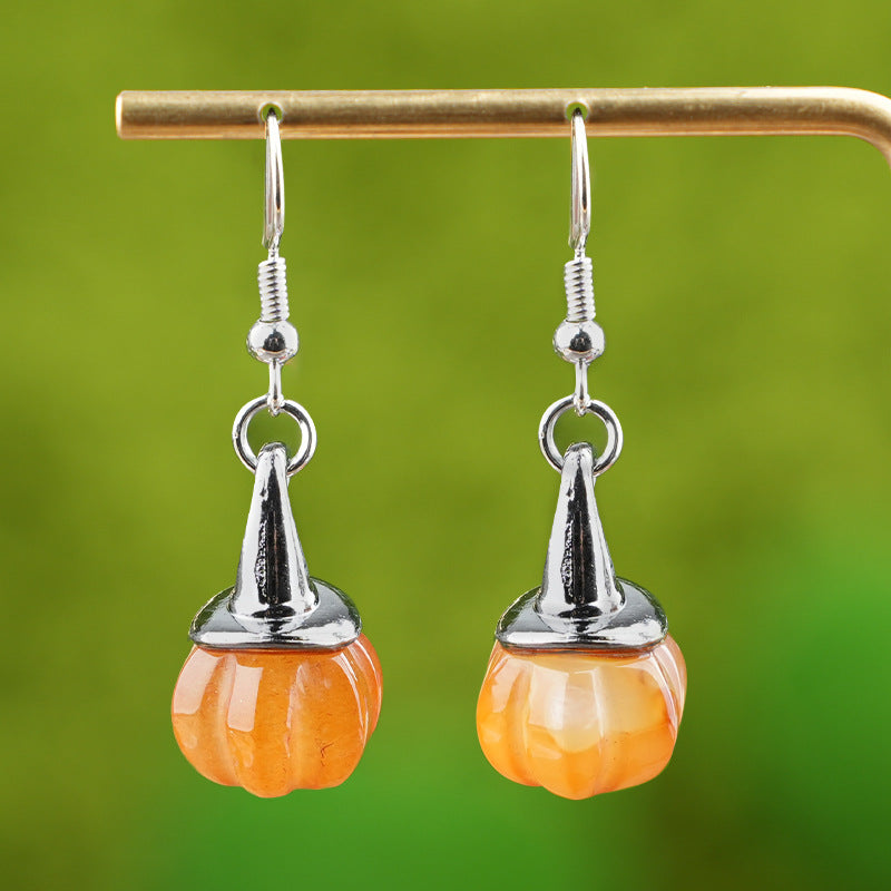 Wholesale  Vintage Agate Pumpkin Crystal Pumpkin Shaped Witch Hat Earrings